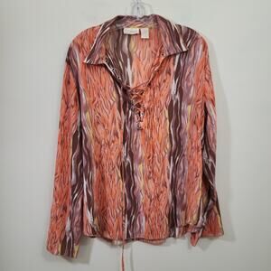 Vintage Caviar flame print lace up front long sleeve blouse woman's‎ size XL